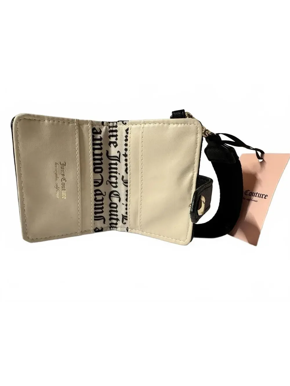 Juicy Couture Black Heart Embossed Logo Wristlet Wallet, Strap with Charm - NWT